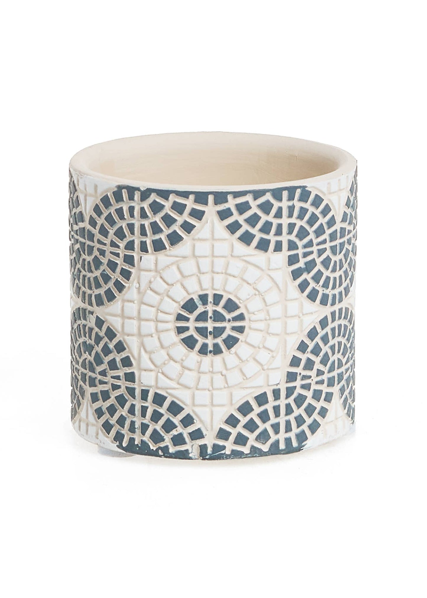 PLANTER SM TERRACOTTA MOSAIC DESGN WH-BLUE