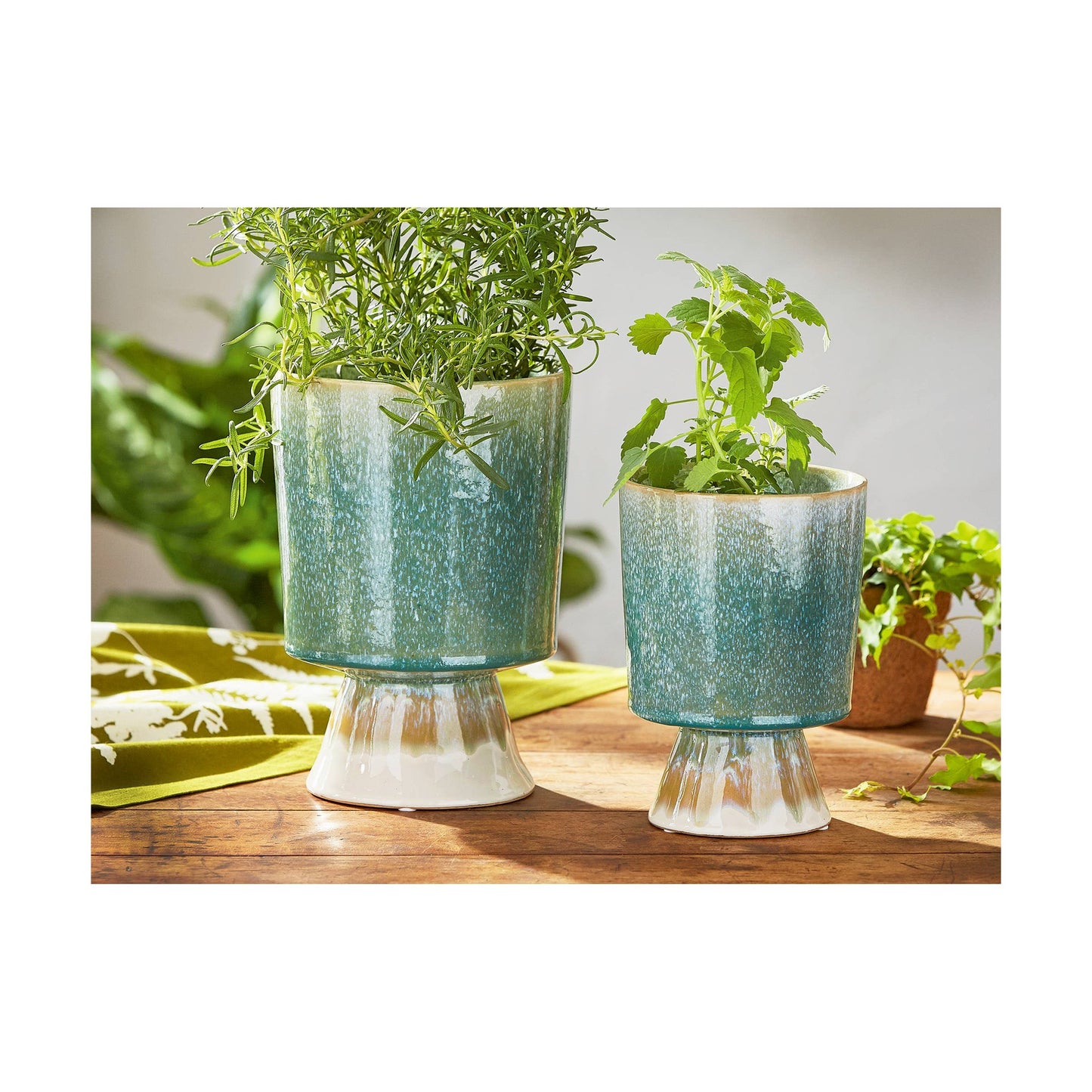 Pedestal Planter Small Green Multi Stoneware Summer