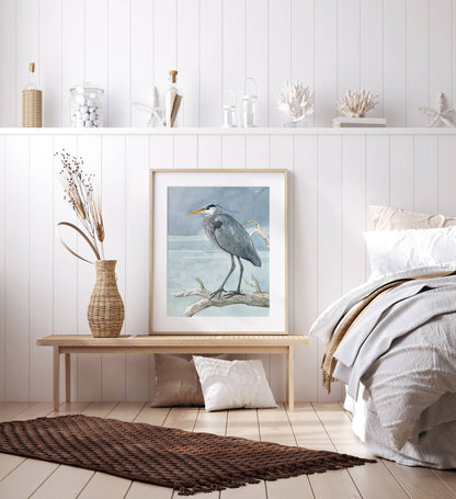 Great Blue Heron on Branch Watercolor Painting