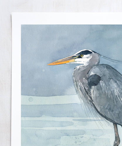 Great Blue Heron on Branch Watercolor Painting