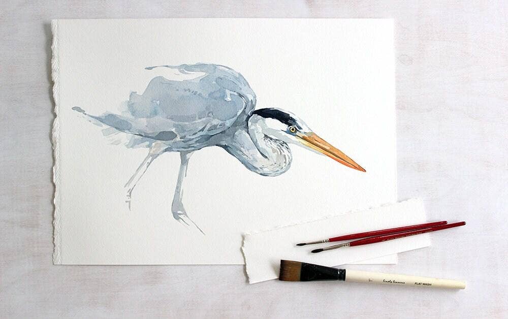 Great Blue Heron Watercolor Study Coastal Bird Wall Art