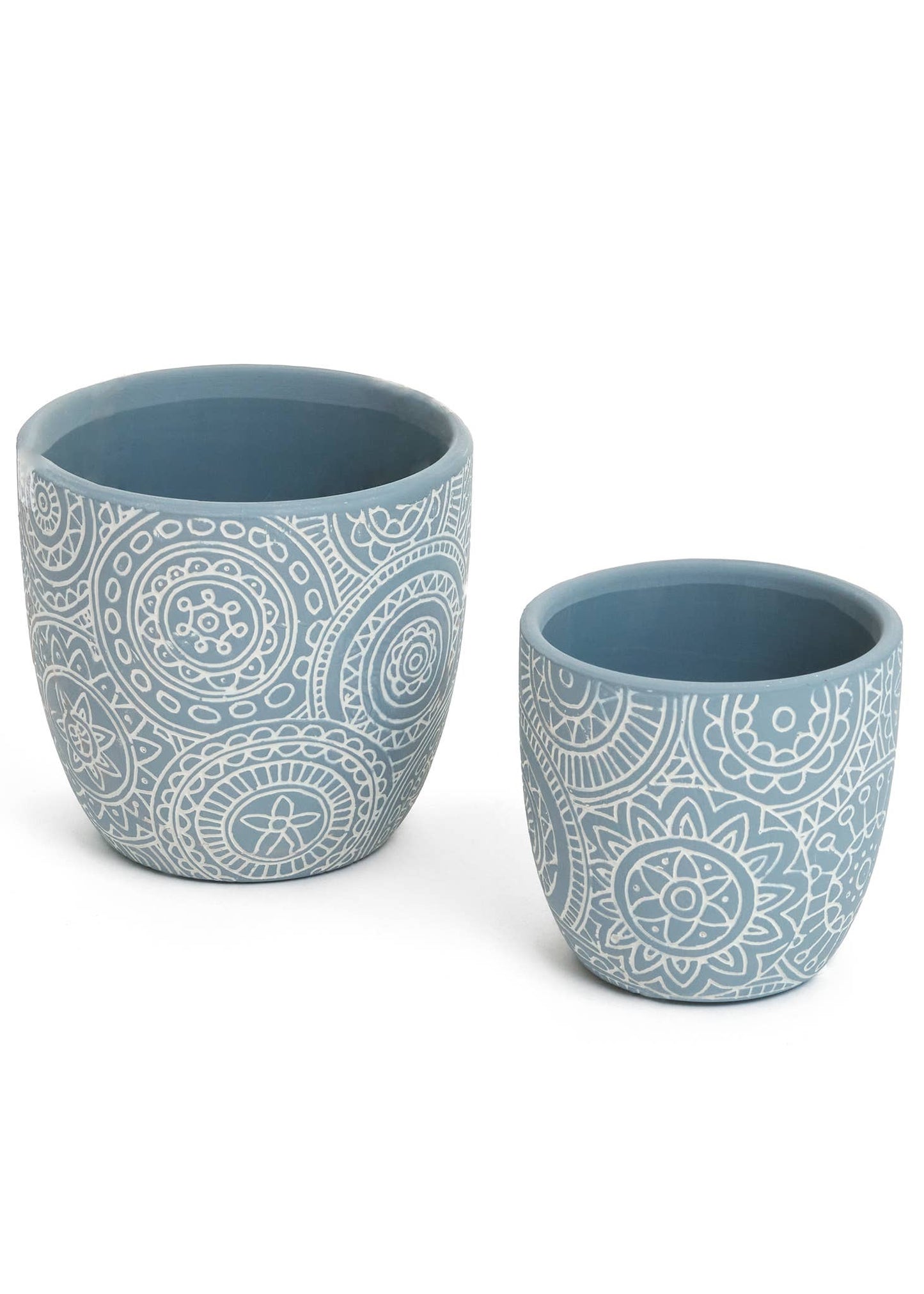 PLANTER SM TERRACOTTA W/ ENGRAVD PRINTS BLUE