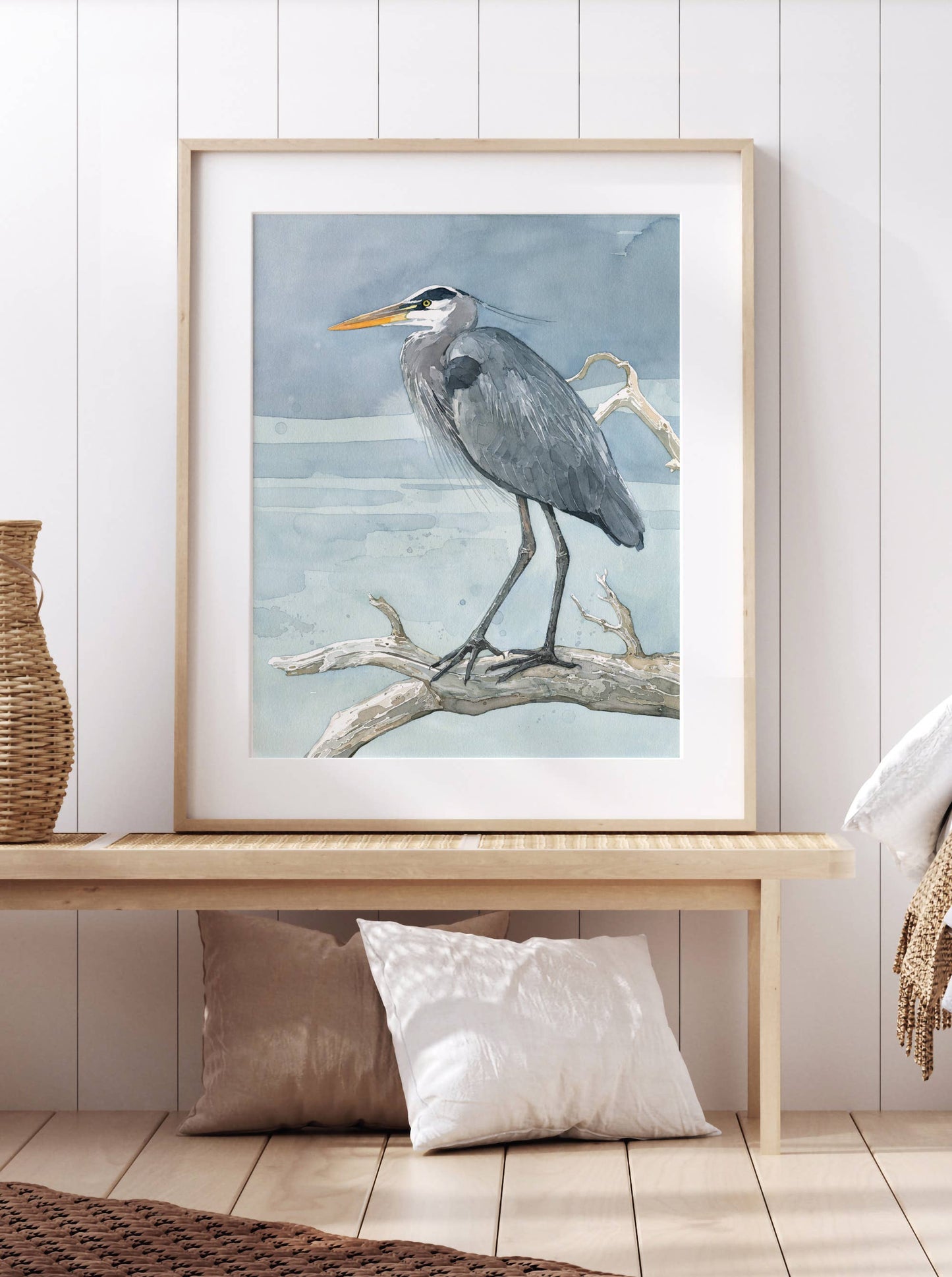 Great Blue Heron on Branch Watercolor Painting