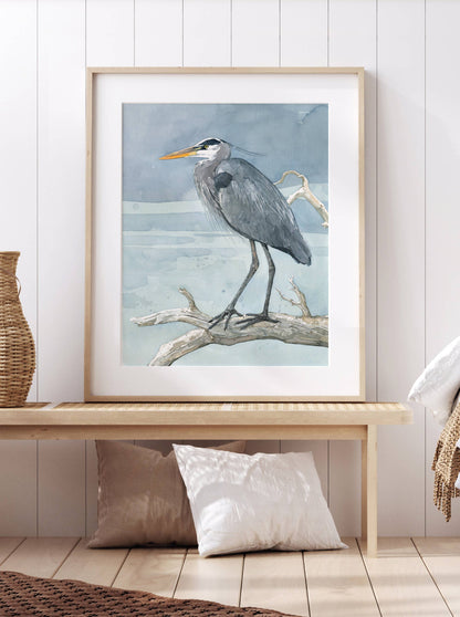Great Blue Heron on Branch Watercolor Painting