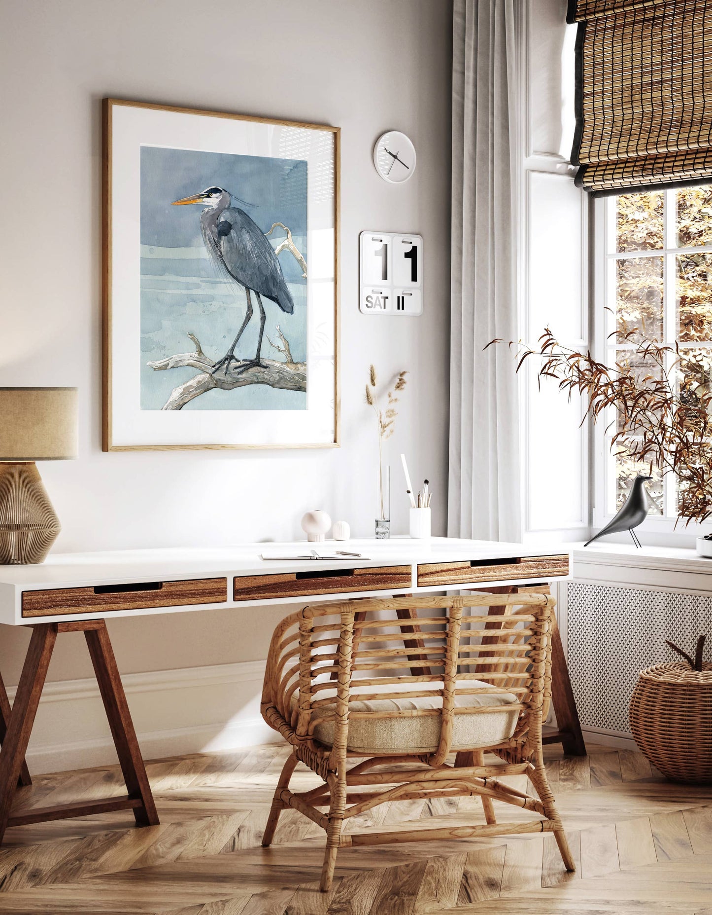 Great Blue Heron on Branch Watercolor Painting