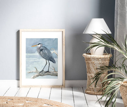 Great Blue Heron on Branch Watercolor Painting