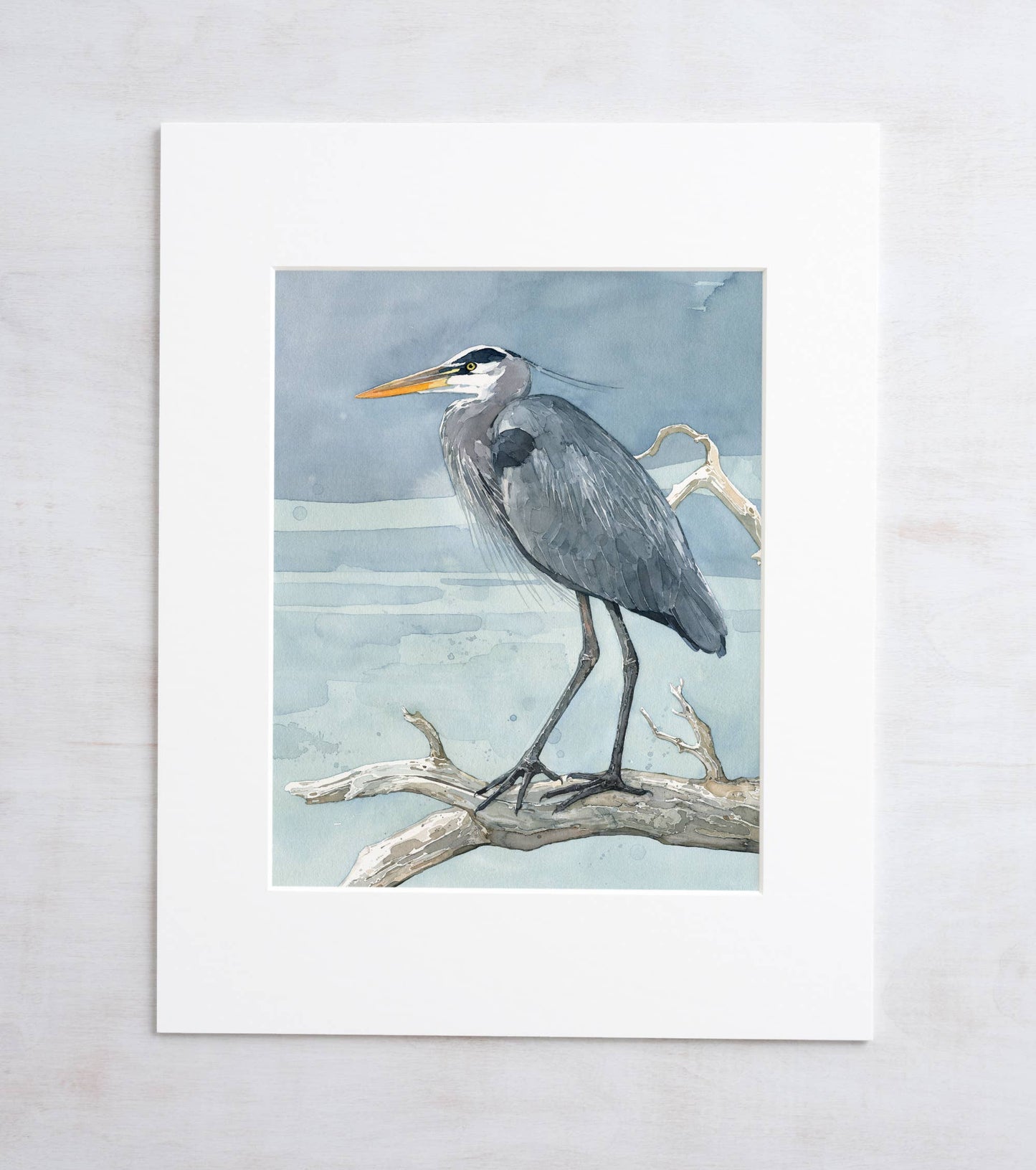 Great Blue Heron on Branch Watercolor Painting