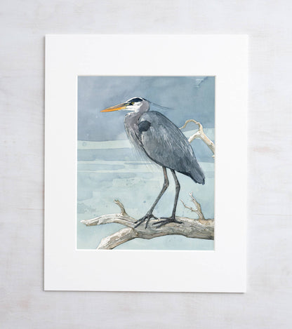 Great Blue Heron on Branch Watercolor Painting
